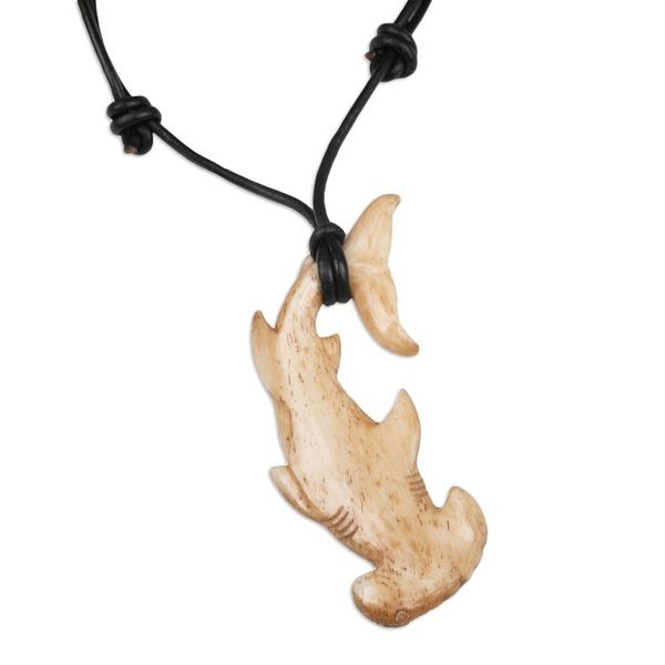 Alternate image for Sea Life-Themed Carved Black Leather Cord Pendant Necklace Hammerhead Shark