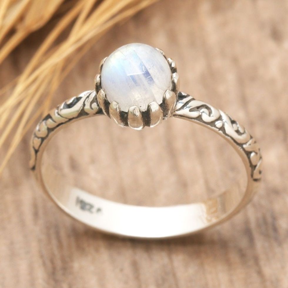 Classic Natural Rainbow Moonstone Single Stone Ring 'Rainbow Tiara'