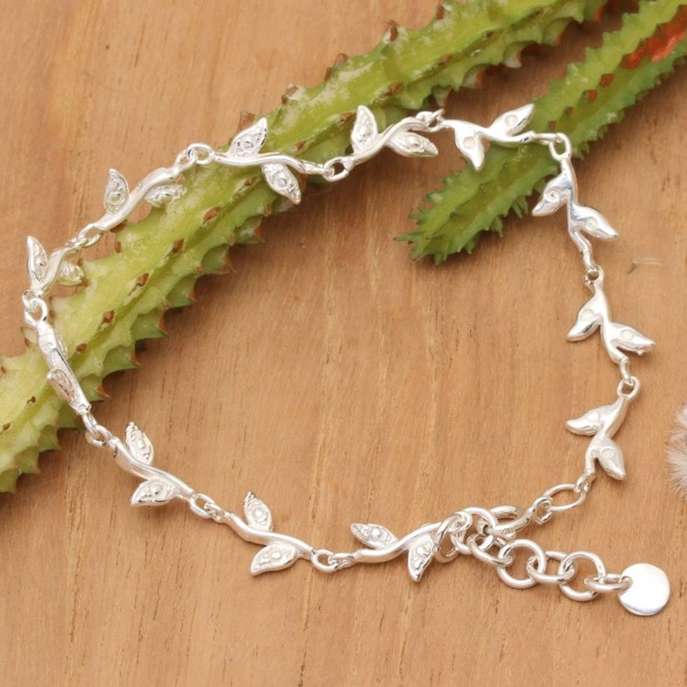 High-Polished Leafy Sterling Silver Charm Link Bracelet 'Roots of Immortality'