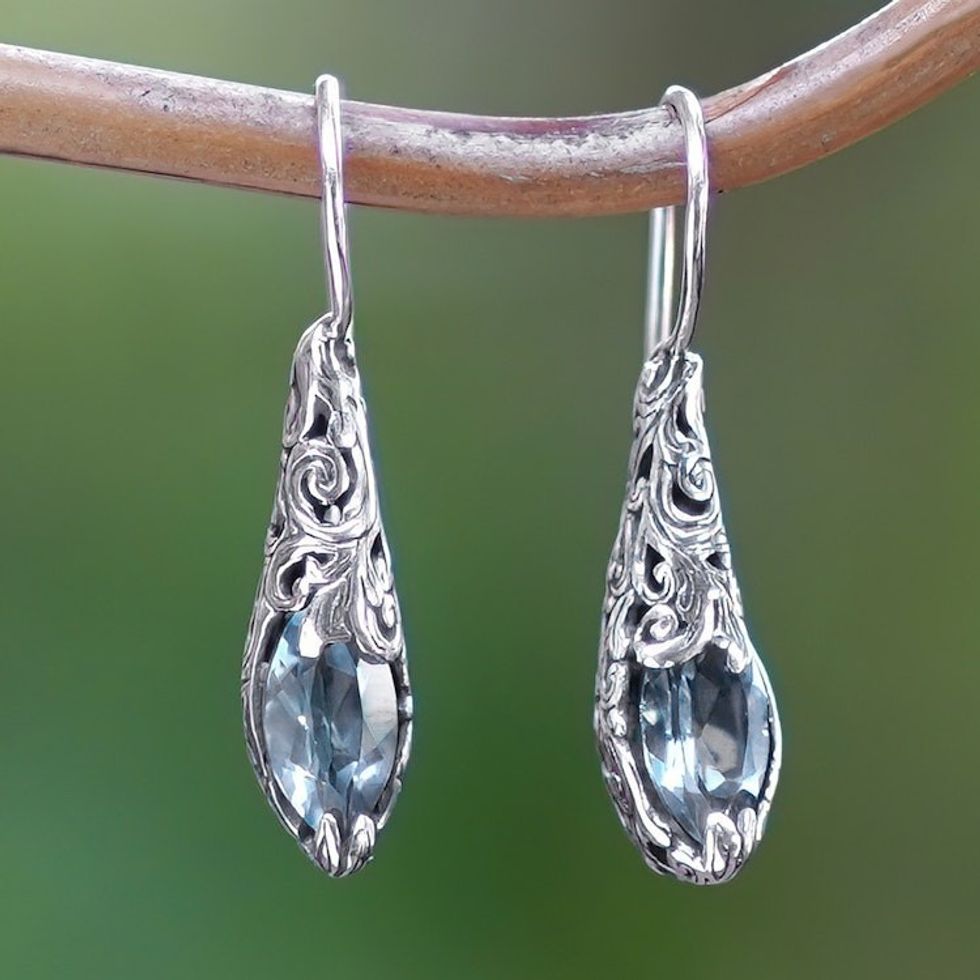 Silver Drop Earrings with Faceted Blue Topaz Gemstones 'Fantastic Nest'