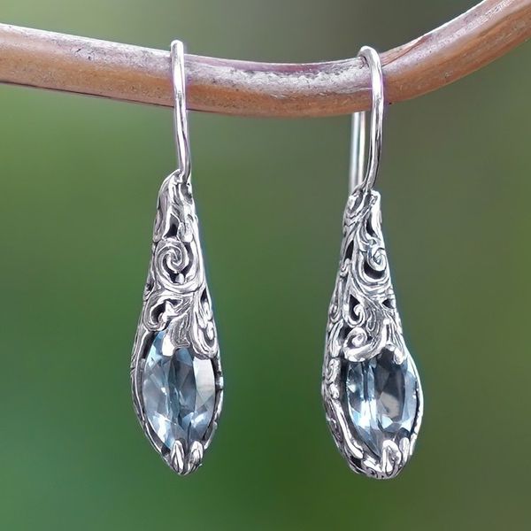 Alternate image for Silver Drop Earrings with Faceted Blue Topaz Gemstones Fantastic Nest