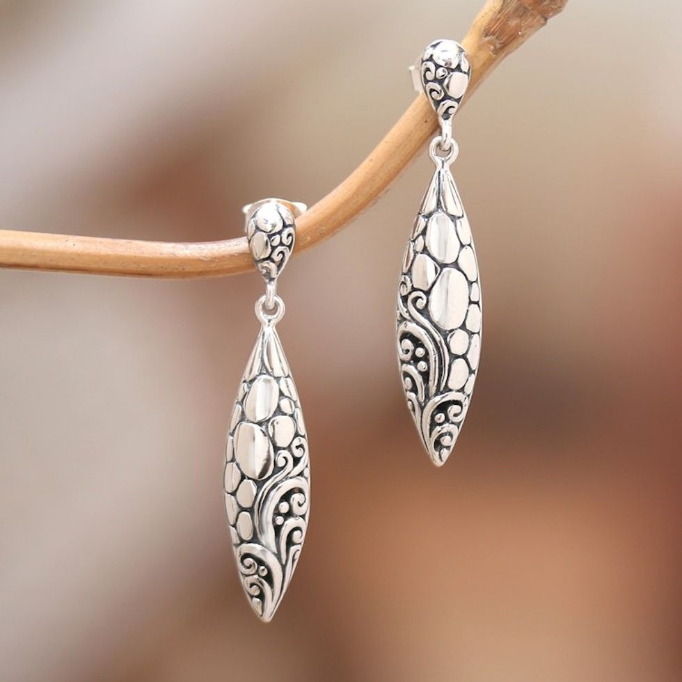 Classic Balinese Leaf-Shaped Sterling Silver Dangle Earrings 'Goddess' Essence'