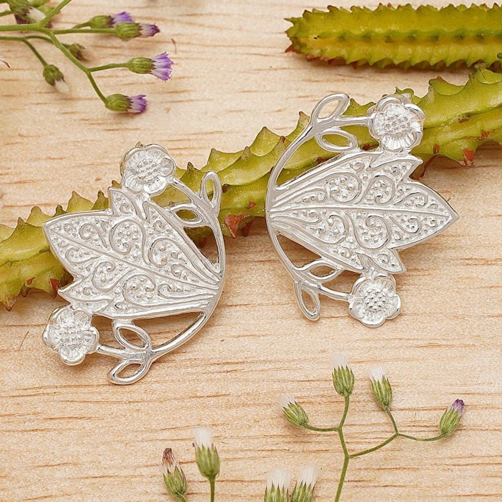 Classic Floral Sterling Silver Button Earrings Made in Bali 'Queen of Paradise'
