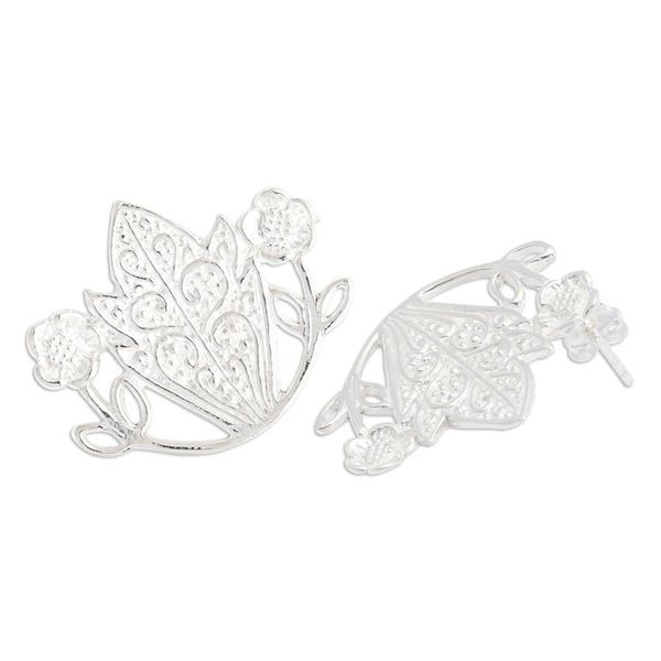 Alternate image for Classic Floral Sterling Silver Button Earrings Made in Bali Queen of Paradise