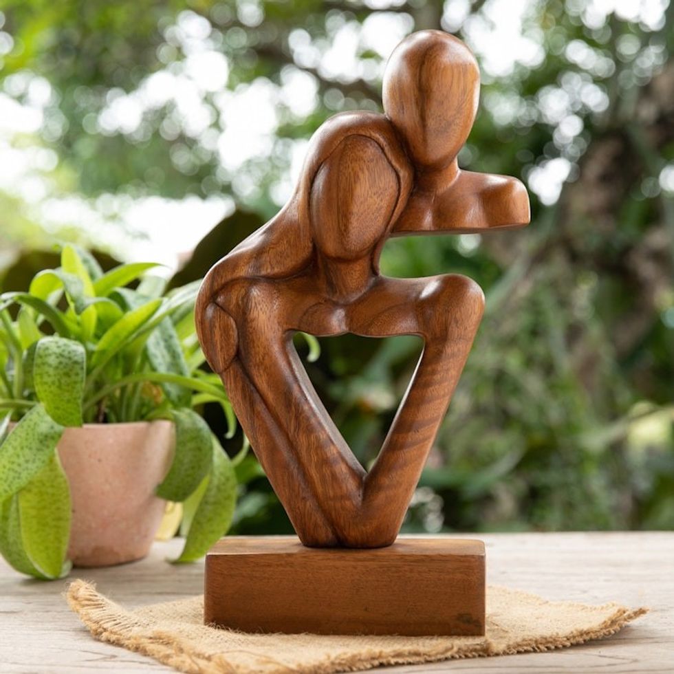 Modern Hand-Carved Suar Wood Sculpture of Abstract Couple 'Sweet Couple'
