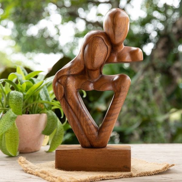 Alternate image for Modern Hand-Carved Suar Wood Sculpture of Abstract Couple Sweet Couple