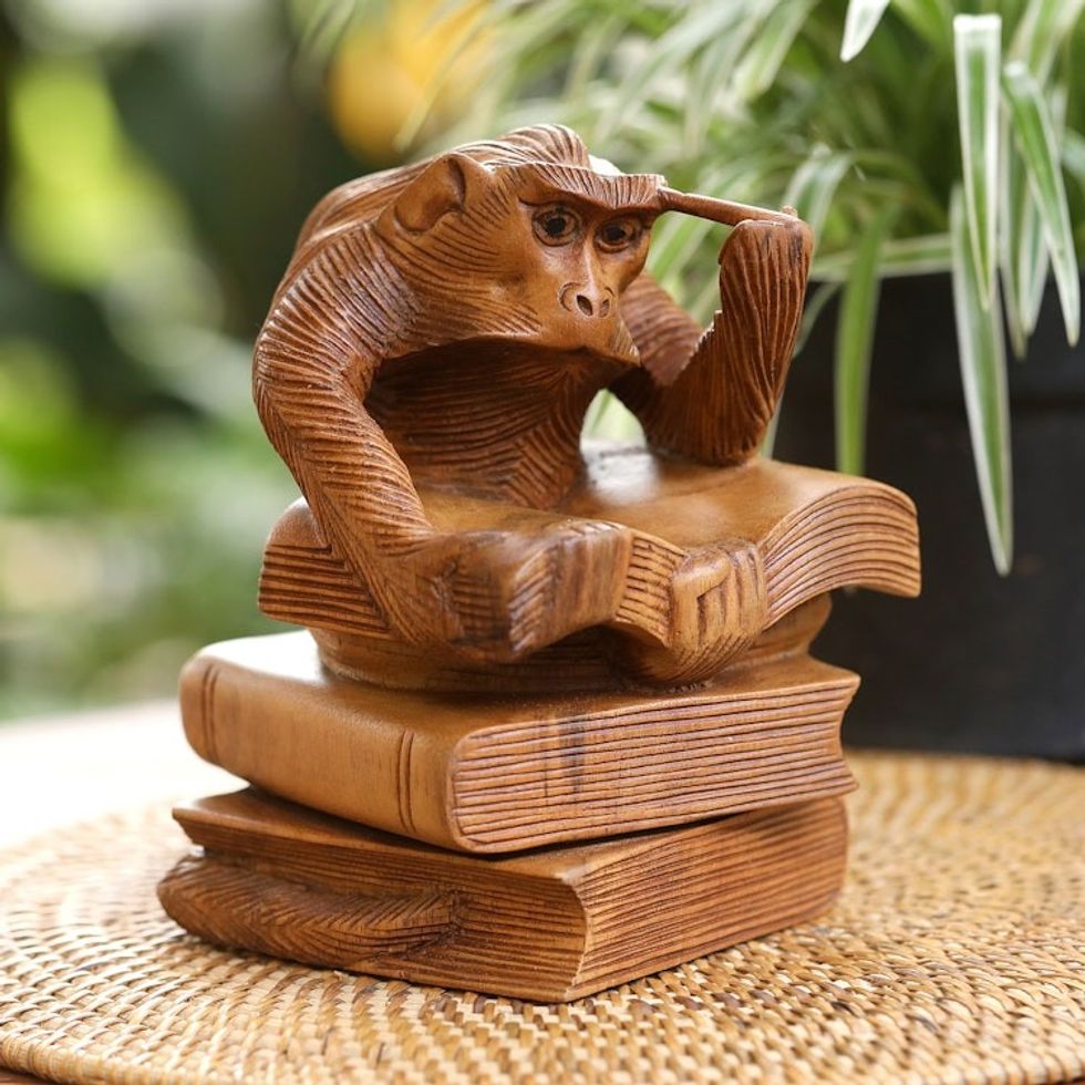 Inspirational Monkey-Themed Suar Wood Sculpture from Bali 'Diligent Study'