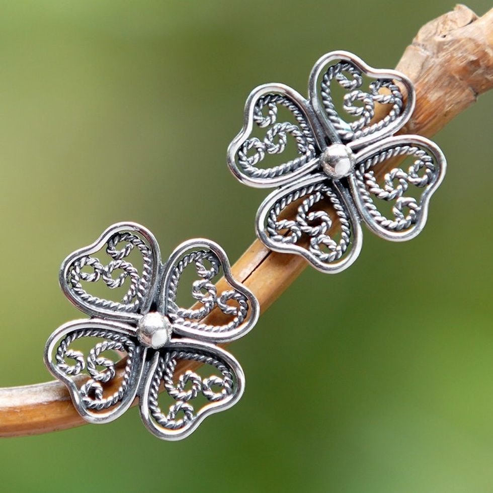 Lucky Four-Leaf Clover Openwork Silver Button Earrings 'Balinese Clover'