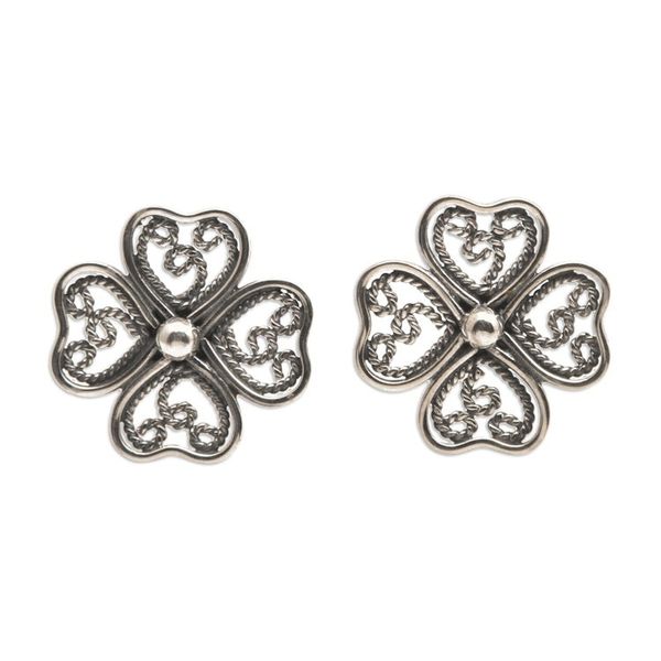 Alternate image for Lucky Four-Leaf Clover Openwork Silver Button Earrings Balinese Clover
