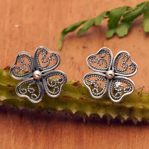 Alternate image for Lucky Four-Leaf Clover Openwork Silver Button Earrings Balinese Clover