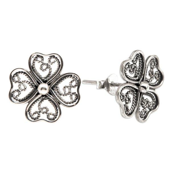 Alternate image for Lucky Four-Leaf Clover Openwork Silver Button Earrings Balinese Clover