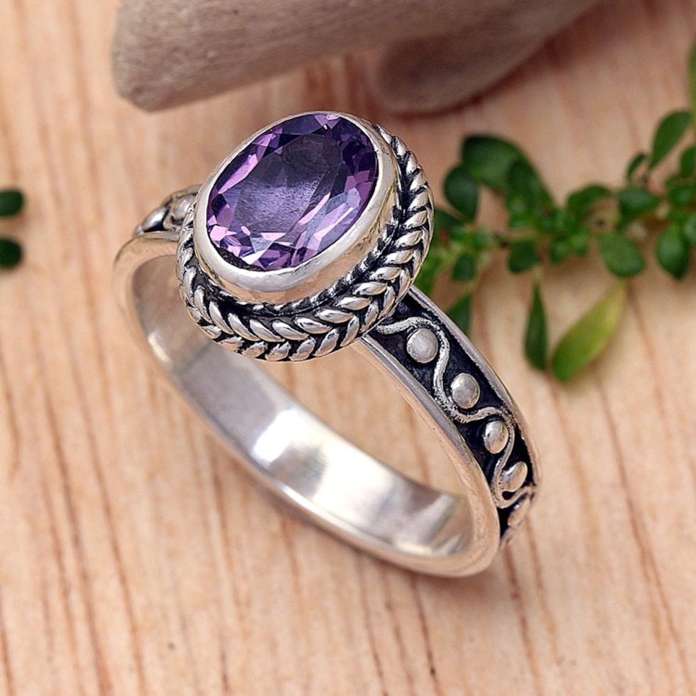 Classic Balinese One-Carat Amethyst Single Stone Ring 'Wise Waves'