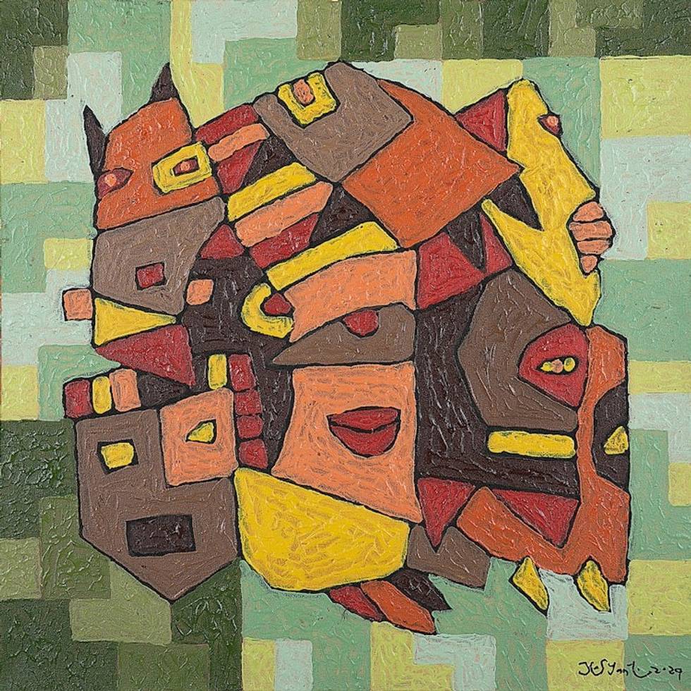 Geometric Acrylic on Canvas Painting in Brown and Green Hues 'Mask of Human'
