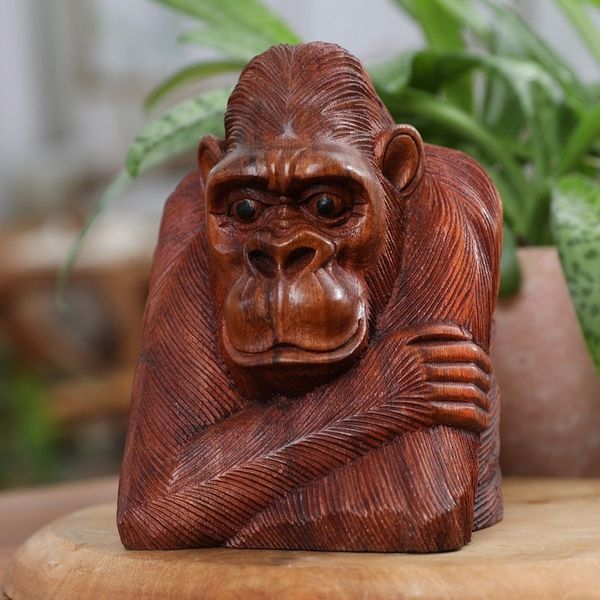 Alternate image for Hand-Carved Suar Wood Sculpture of Meditative Orangutan Thoughtful Orangutan