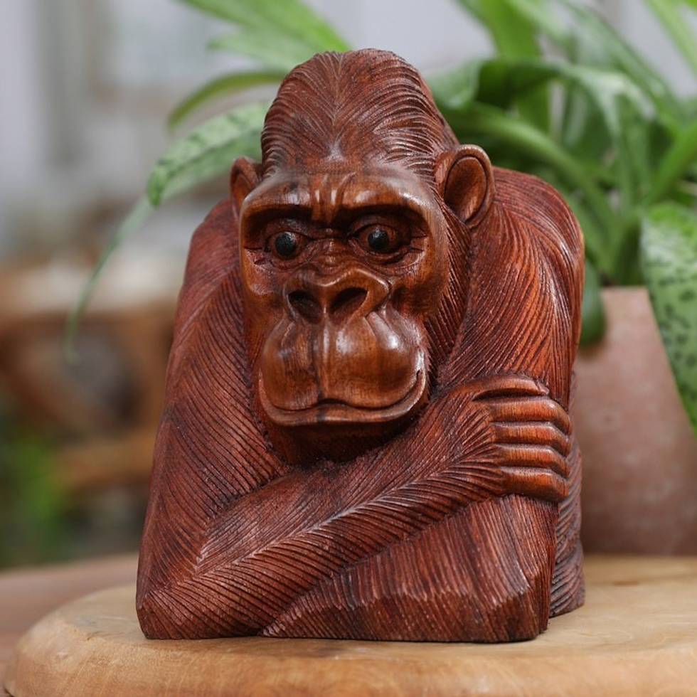 Hand-Carved Suar Wood Sculpture of Meditative Orangutan 'Thoughtful Orangutan'