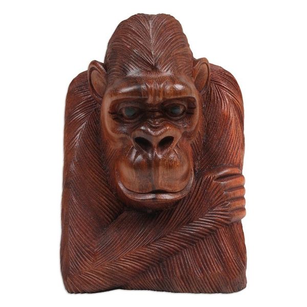 Alternate image for Hand-Carved Suar Wood Sculpture of Meditative Orangutan Thoughtful Orangutan