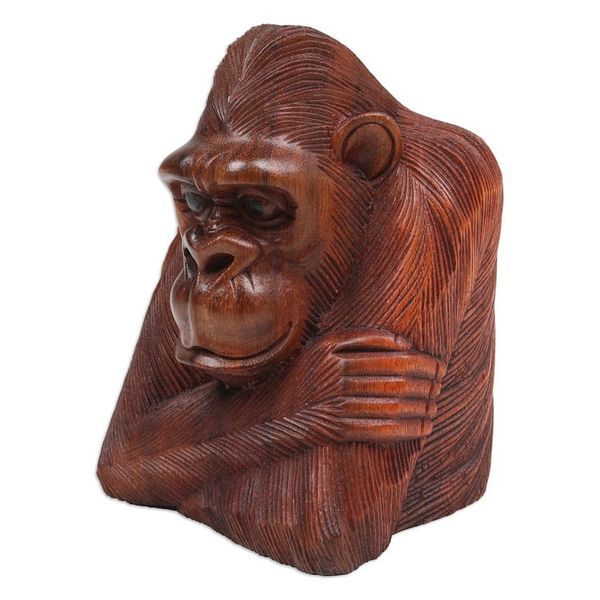 Alternate image for Hand-Carved Suar Wood Sculpture of Meditative Orangutan Thoughtful Orangutan