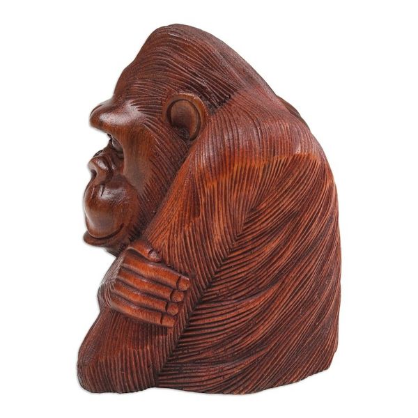 Alternate image for Hand-Carved Suar Wood Sculpture of Meditative Orangutan Thoughtful Orangutan