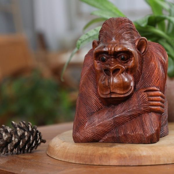 Alternate image for Hand-Carved Suar Wood Sculpture of Meditative Orangutan Thoughtful Orangutan