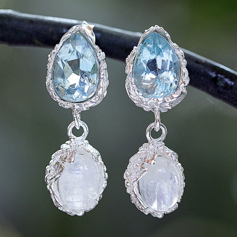 One-Carat Blue Topaz and Rainbow Moonstone Dangle Earrings 'Celestial Dream'