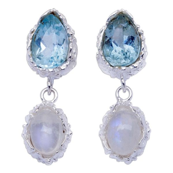 Alternate image for One-Carat Blue Topaz and Rainbow Moonstone Dangle Earrings Celestial Dream