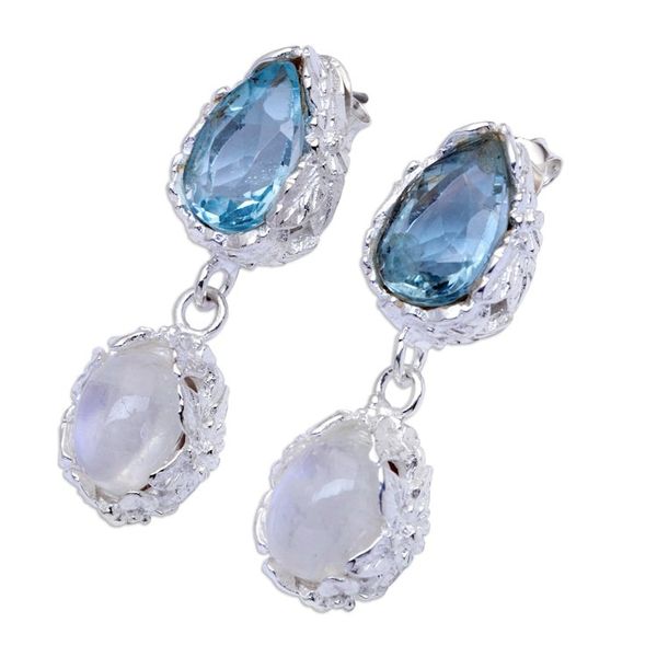Alternate image for One-Carat Blue Topaz and Rainbow Moonstone Dangle Earrings Celestial Dream