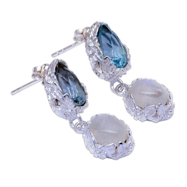 Alternate image for One-Carat Blue Topaz and Rainbow Moonstone Dangle Earrings Celestial Dream