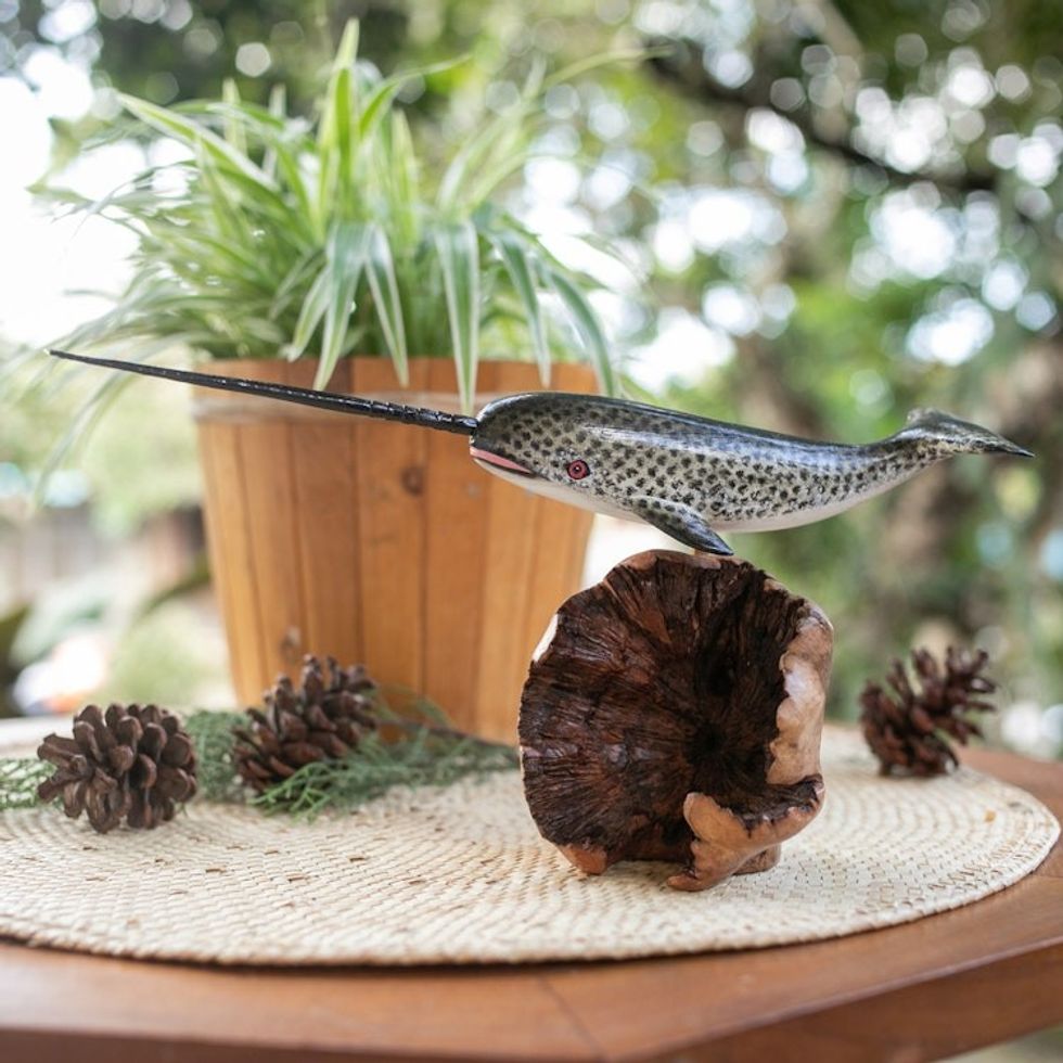 Wood Sculpture of Narwhal Whale with Mushroom-Shaped Base 'Narwhal Whale'
