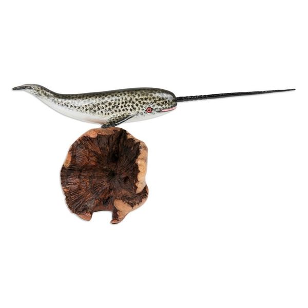 Alternate image for Wood Sculpture of Narwhal Whale with Mushroom-Shaped Base Narwhal Whale
