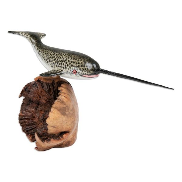 Alternate image for Wood Sculpture of Narwhal Whale with Mushroom-Shaped Base Narwhal Whale
