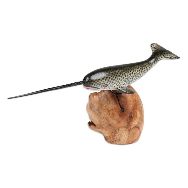 Alternate image for Wood Sculpture of Narwhal Whale with Mushroom-Shaped Base Narwhal Whale