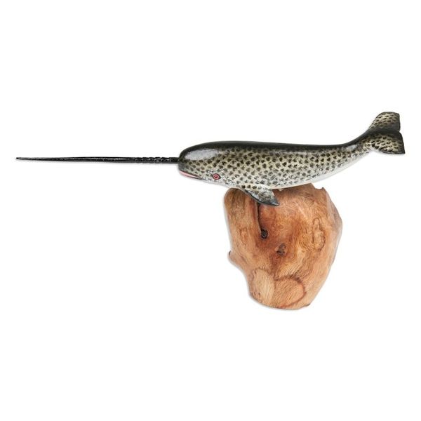 Alternate image for Wood Sculpture of Narwhal Whale with Mushroom-Shaped Base Narwhal Whale