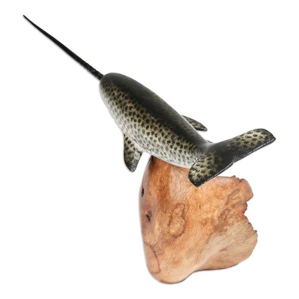 Alternate image for Wood Sculpture of Narwhal Whale with Mushroom-Shaped Base Narwhal Whale