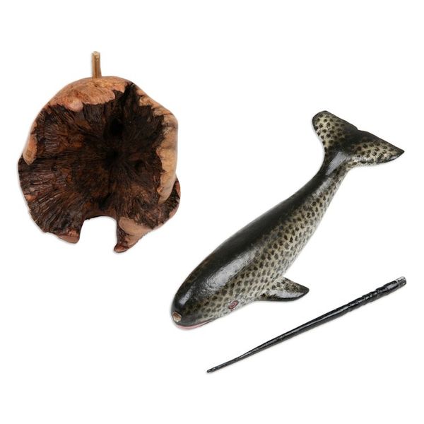 Alternate image for Wood Sculpture of Narwhal Whale with Mushroom-Shaped Base Narwhal Whale