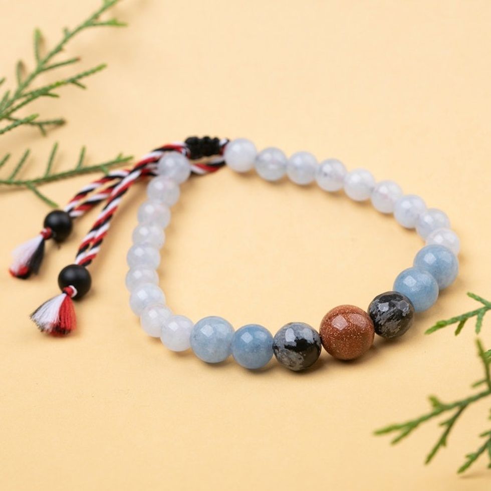 Men's Aquamarine Obsidian Sandstone Onyx Tridatu Bracelet 'Tridatu Serenity'