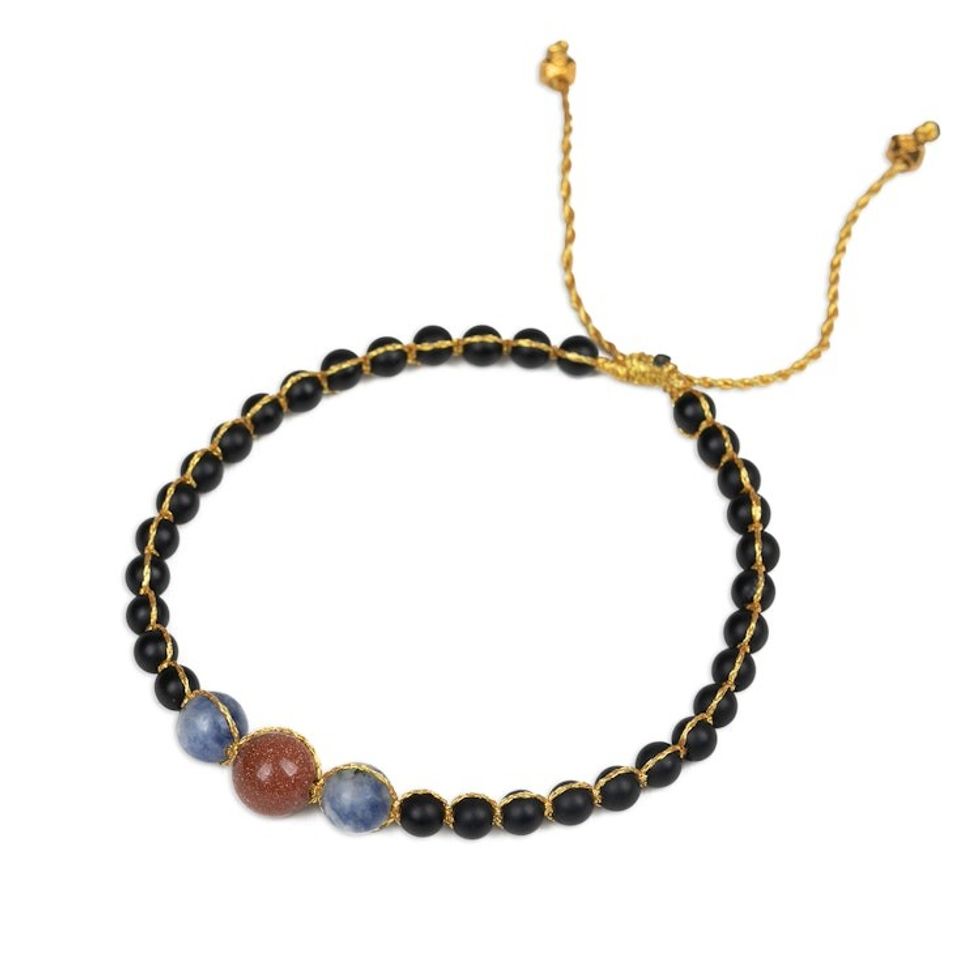 Onyx and Sodalite Beaded Bracelet with Golden Brass Accents 'Mysterious Mind'