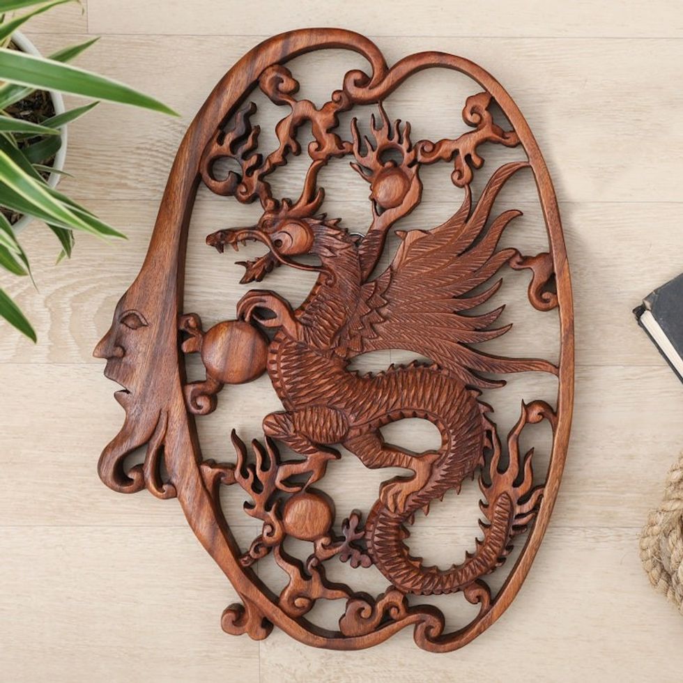 Hand-Carved Classic Suar Wood Moon and Dragon Relief Panel 'Regal Dragon'