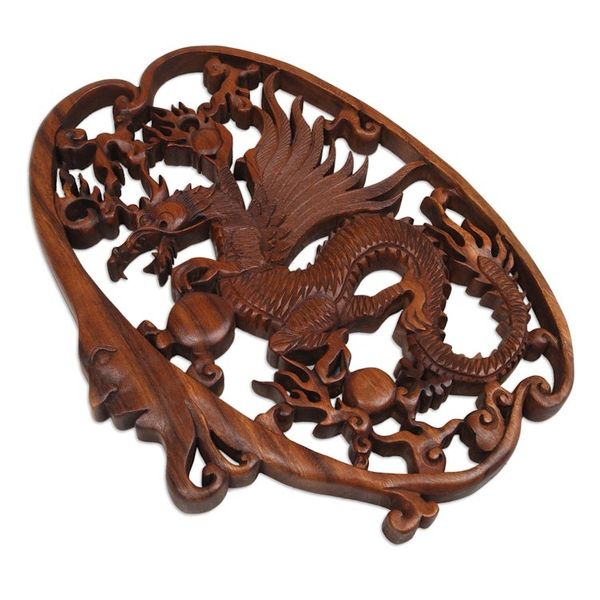 Alternate image for Hand-Carved Classic Suar Wood Moon and Dragon Relief Panel Regal Dragon