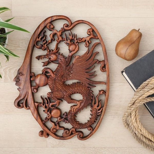 Alternate image for Hand-Carved Classic Suar Wood Moon and Dragon Relief Panel Regal Dragon