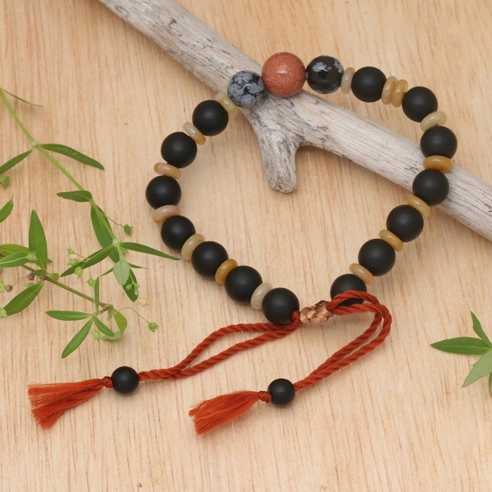 Adjustable Inspirational Onyx and Obsidian Beaded Bracelet 'Interior Mystery'