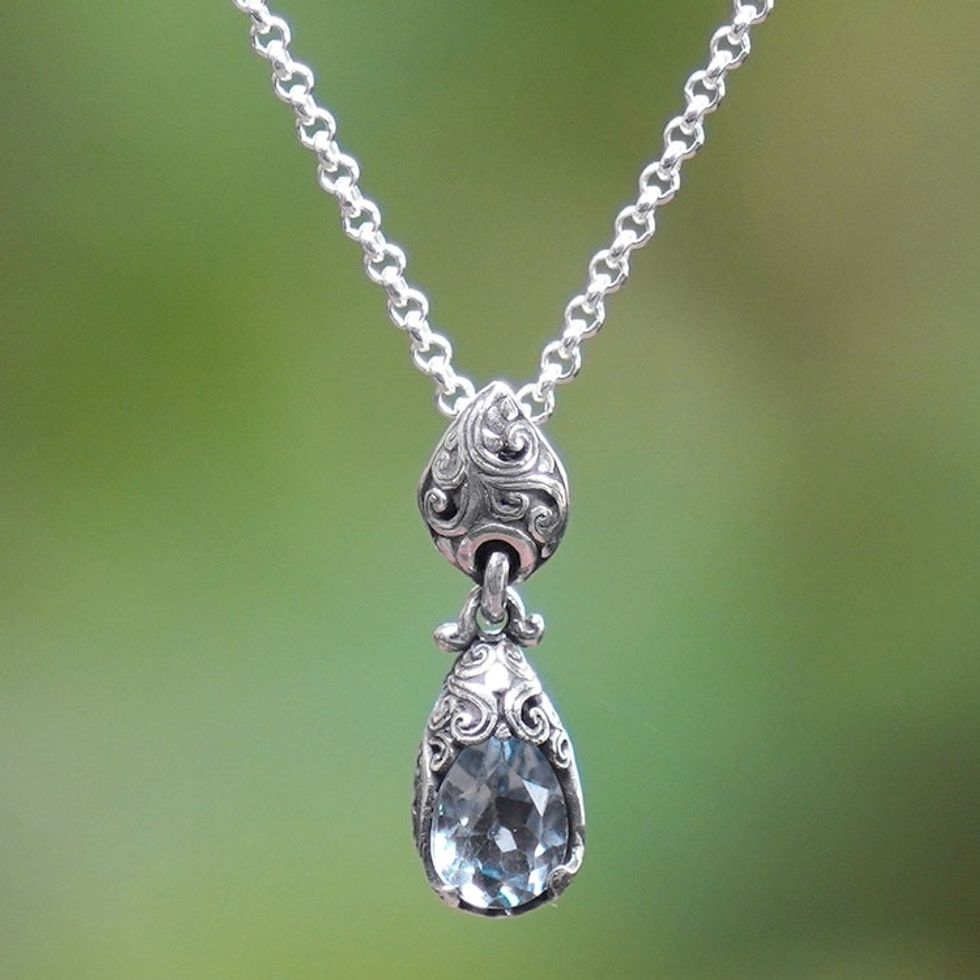 Silver Pendant Necklace with One-Carat Blue Topaz Gemstone 'Bird Nest'