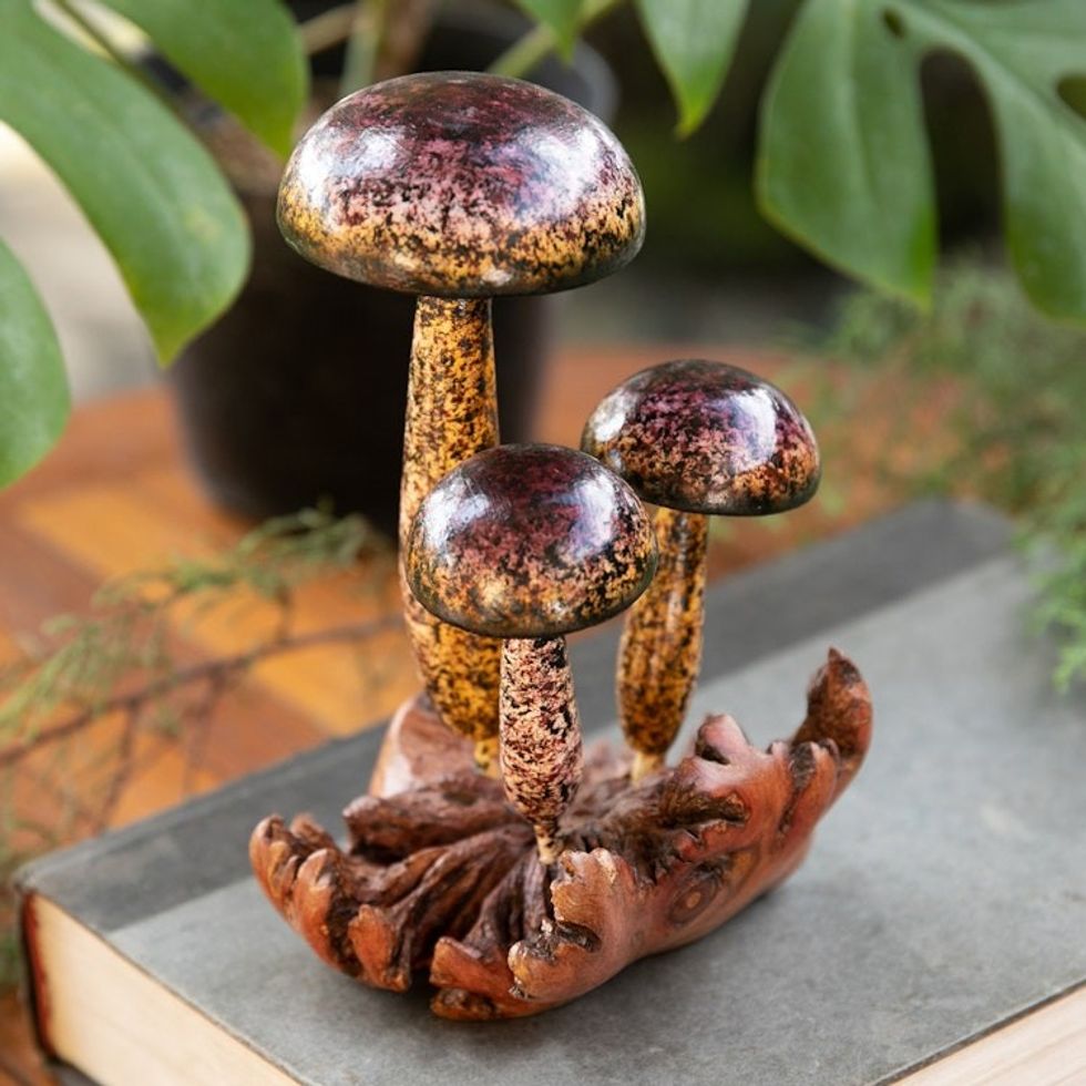 Balinese Hand-Painted Mushroom-Themed Wood Sculpture 'Magical Agaricus'