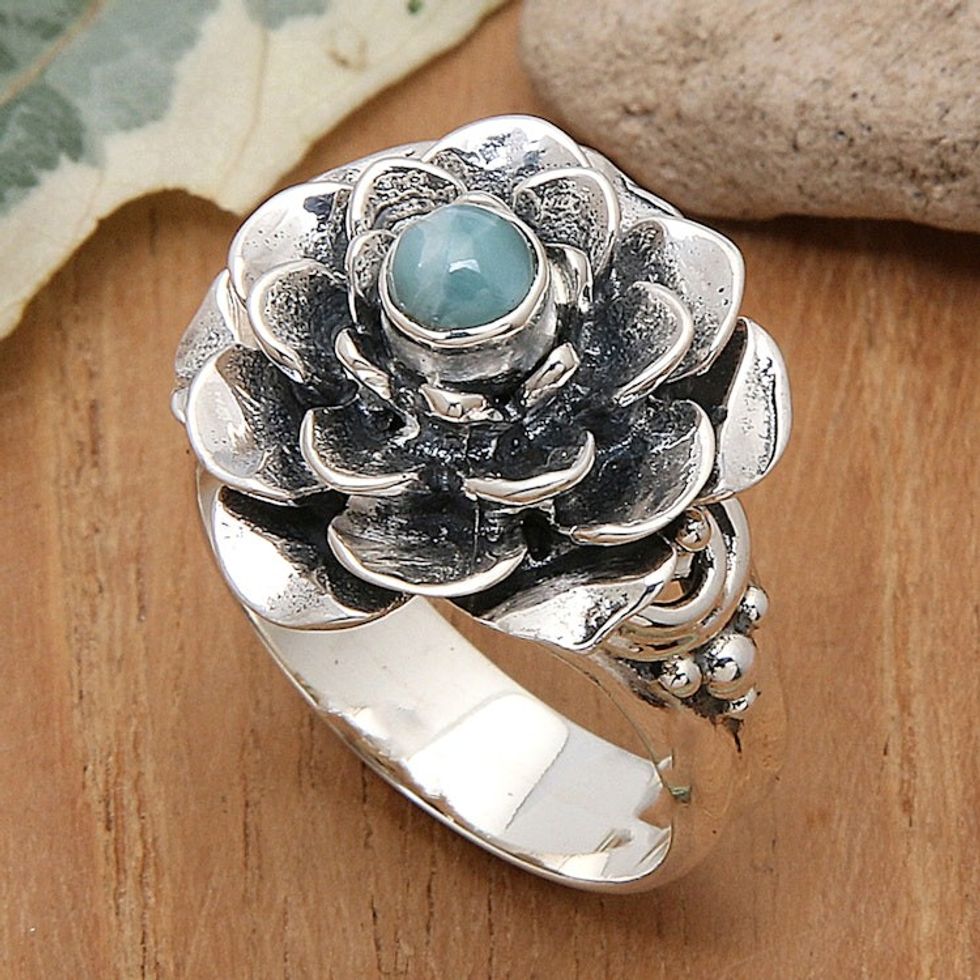 Larimar Sterling Silver Floral-Themed Cocktail Ring 'Flower of Eternity'