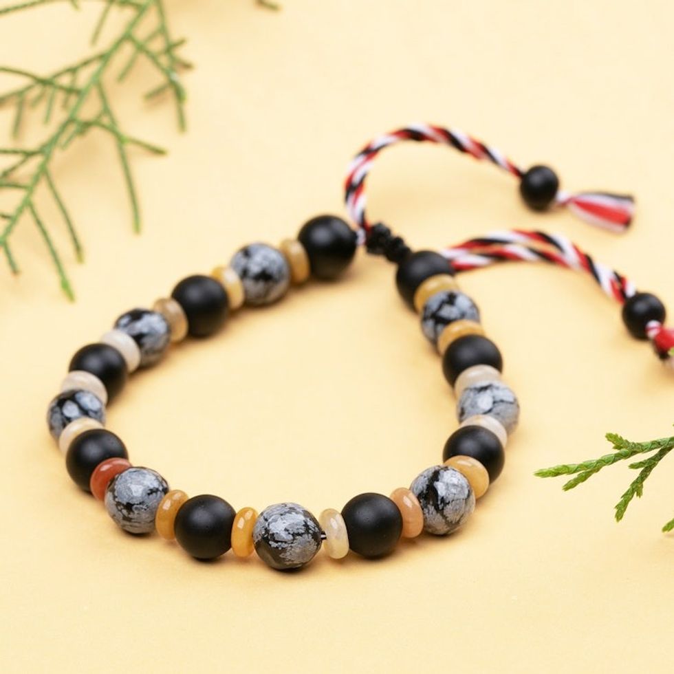 Onyx and Obsidian Beaded Yoga Tridatu Bracelet for Men 'Tridatu Calmness'