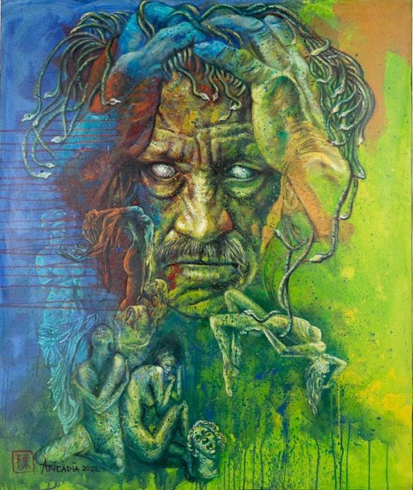 Alternate image for Expressionist Green and Blue Acrylic Painting from Bali The Male Medusa