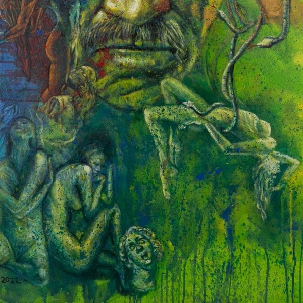 Alternate image for Expressionist Green and Blue Acrylic Painting from Bali The Male Medusa