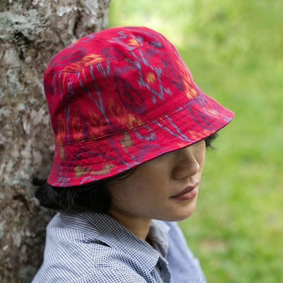 Ikat-Patterned Cerise 100 Cotton Bucket Hat Made in Bali 'Cerise Denpasar'