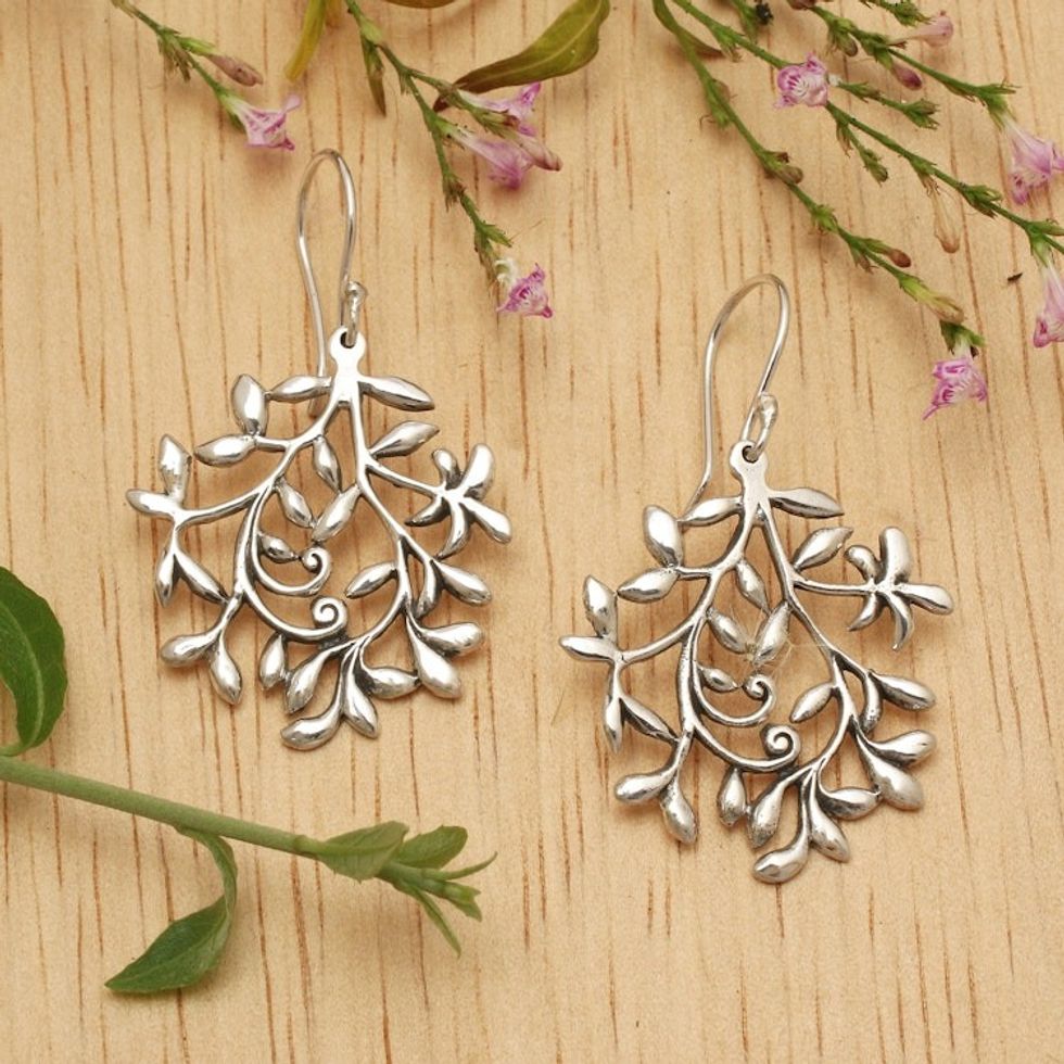 Oriental-Inspired Floral Sterling Silver Dangle Earrings 'Orient Bloom'