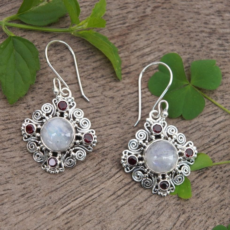 Classic 2-Carat Garnet and Rainbow Moonstone Dangle Earrings 'Lunar Passion'