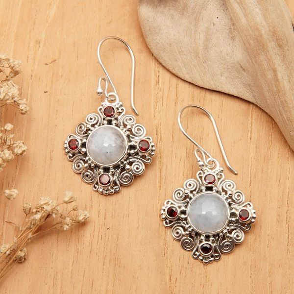 Alternate image for Classic 2-Carat Garnet and Rainbow Moonstone Dangle Earrings Lunar Passion